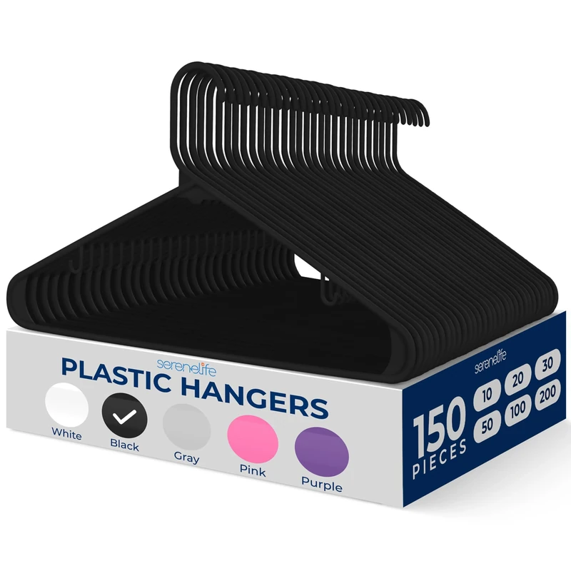 SereneLife Plastic Hangers 150 pcs, Non-Slip Heavy Duty Clothes Hanger Set with 360° Swivel Hook, Smooth Finish to Protect Fabric, Lightweight, Ultra-Thin Hangers for Coats and Other Clothes (Black)