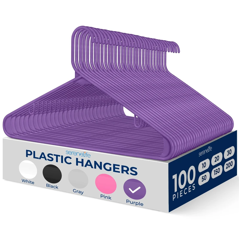 SereneLife Plastic Hangers 100 pcs, Non-Slip Heavy Duty Clothes Hanger Set, Smooth Finish to Protect Fabric, Lightweight, Ultra-Thin Hangers for Coats and Other Clothes (Purple)