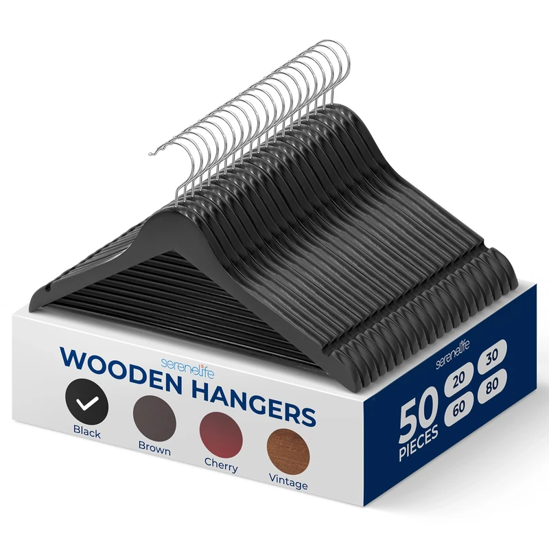 SereneLife Wood Hangers - Space Saving Heavy Duty Slim Suit Clothes Hanger Set with 360 Degree Swivel Metal Hook, Can Hold Up to 10 Lbs. for Coats, Jackets, Pants & Dress (50 Pieces)