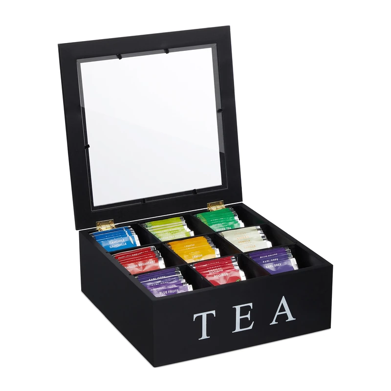 Relaxdays Tea Organiser, 9 compartments, Storage Box, Bamboo, Transparent Window, HxWxD: 9 x 23.5 x 23.5 cm, Black/White