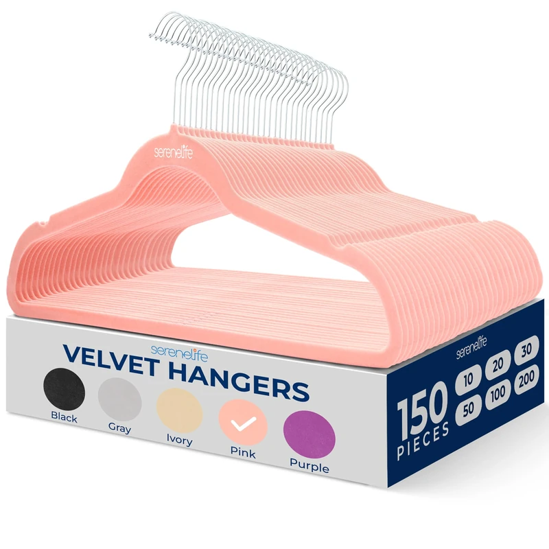 SereneLife 150 Pieces Velvet Hangers - Space Saving Heavy Duty Slim Suit Clothes Hanger Set with 360 Degree Swivel Metal Hook, Can Hold Up to 4.5 kg. For Coats, Jackets, Pants & Dress (Pink)