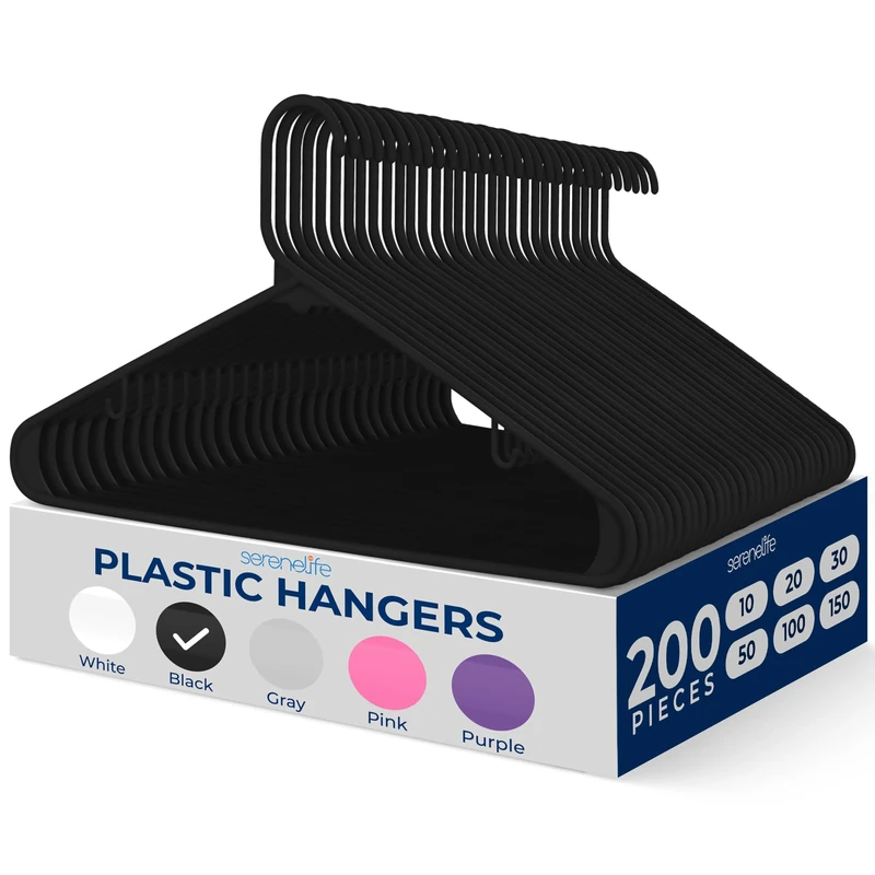 SereneLife Plastic Hangers 200 pcs, Non-Slip Heavy Duty Clothes Hanger Set with 360° Swivel Hook, Smooth Finish to Protect Fabric, Lightweight, Ultra-Thin Hangers for Coats and Other Clothes (Black)