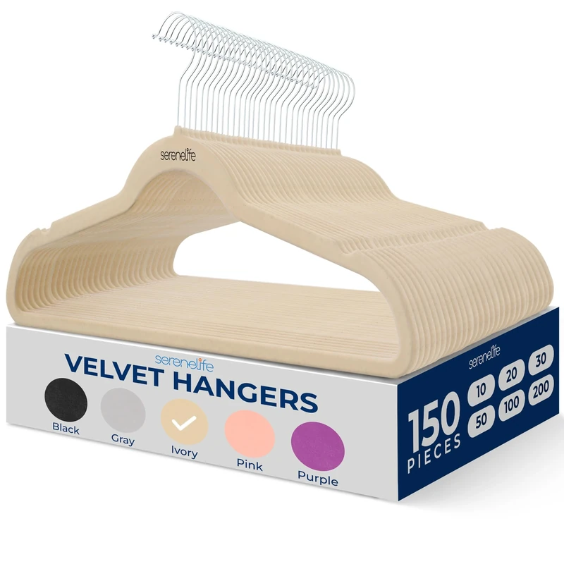 SereneLife 150 Pieces Velvet Hangers - Space Saving Heavy Duty Slim Suit Clothes Hanger Set with 360 Degree Swivel Metal Hook, Can Hold Up to 4.5 kg. For Coats, Jackets, Pants & Dress (Ivory)