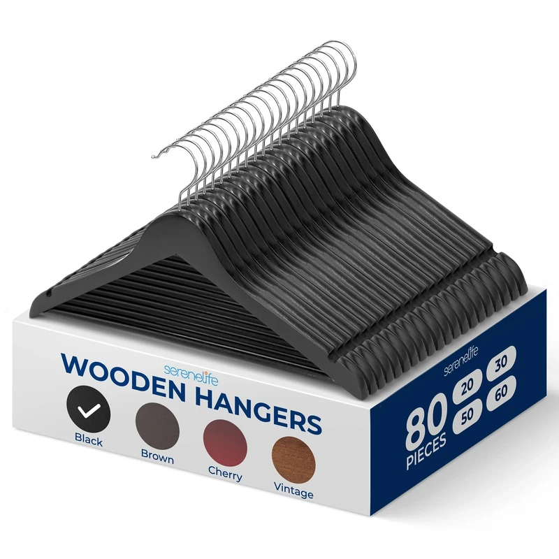 80 Pieces Wood Hangers - Space Saving Heavy Duty Slim Suit Clothes Hanger Set with 360 Degree Swivel Metal Hook, Can Hold Up to 10 Lbs. For Coats, Jackets, Pants & Dress (Black)