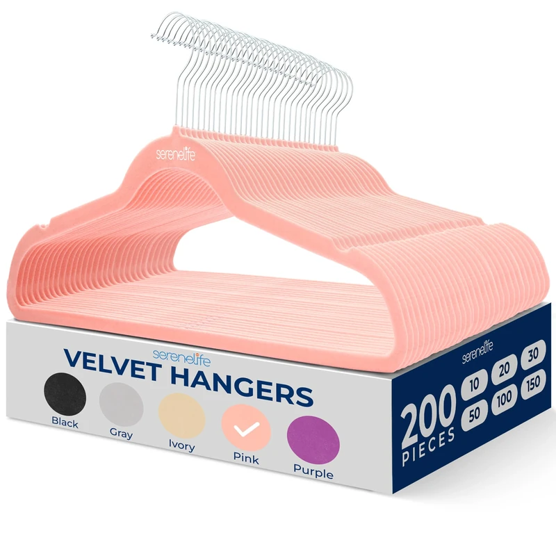 SereneLife 200 Pieces Velvet Hangers - Space Saving Heavy Duty Slim Suit Clothes Hanger Set with 360 Degree Swivel Metal Hook, Can Hold Up to 4.5 kg. For Coats, Jackets, Pants & Dress (Pink)