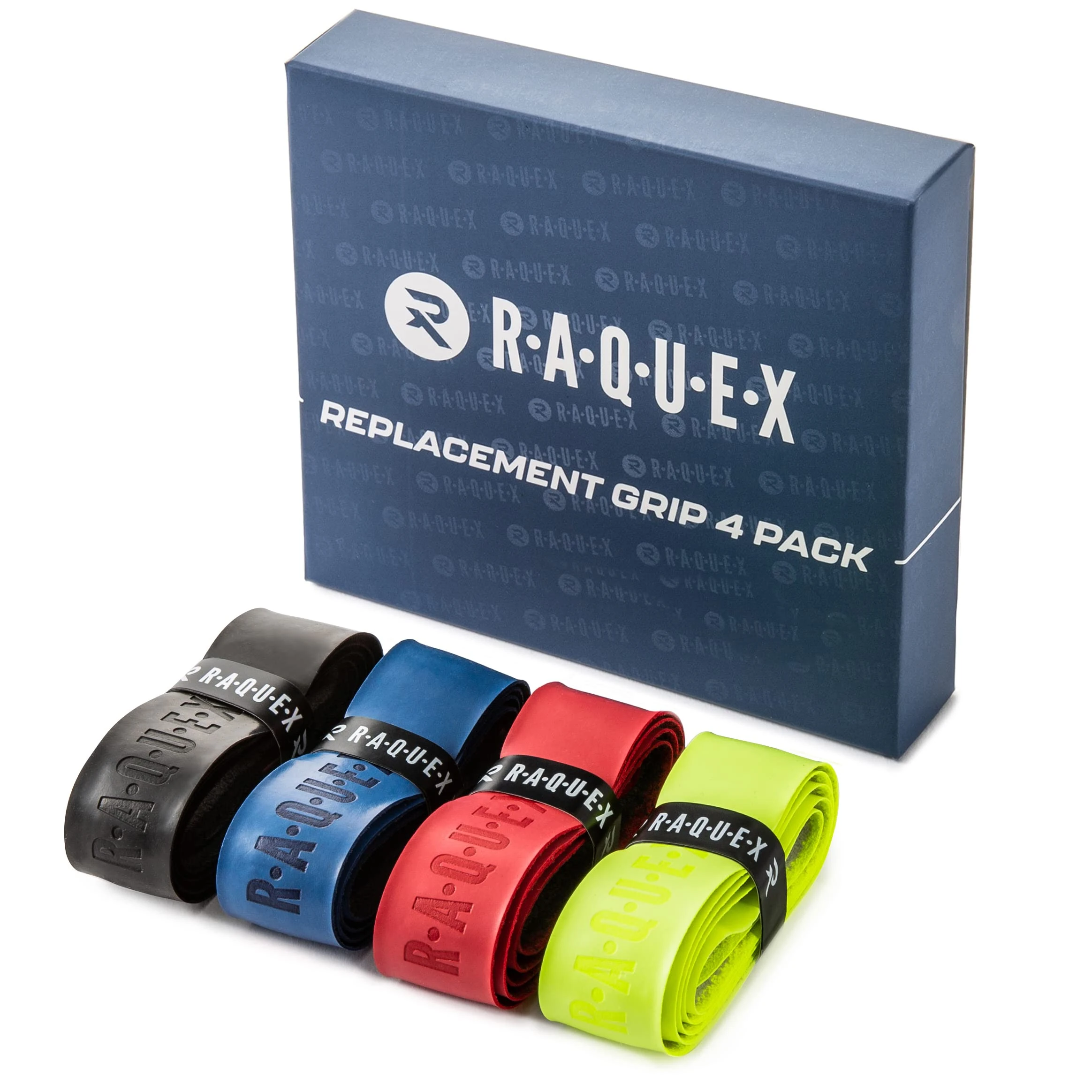 Raquex Enhance Replacement Racket Grip: Tennis, Badminton, Squash, Padel, Pickleball Tape. 14 Colours. Premium, Self-Adhesive Racquet Grip With Finishing Tape (Mix & Match, 4 Grips)