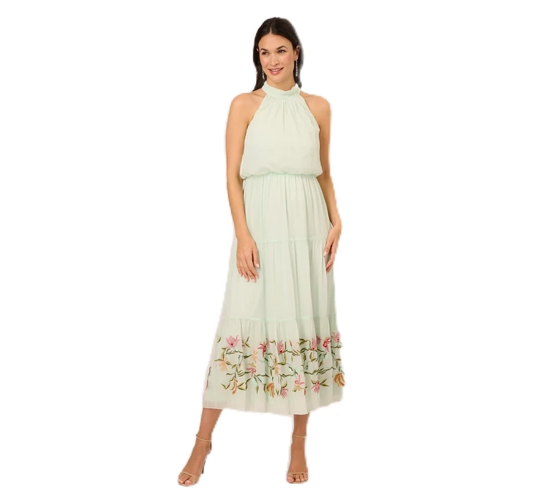 Adrianna Papell Women's Bead Chiffon Halter Dress Special Occasion, Mint Glass, 14