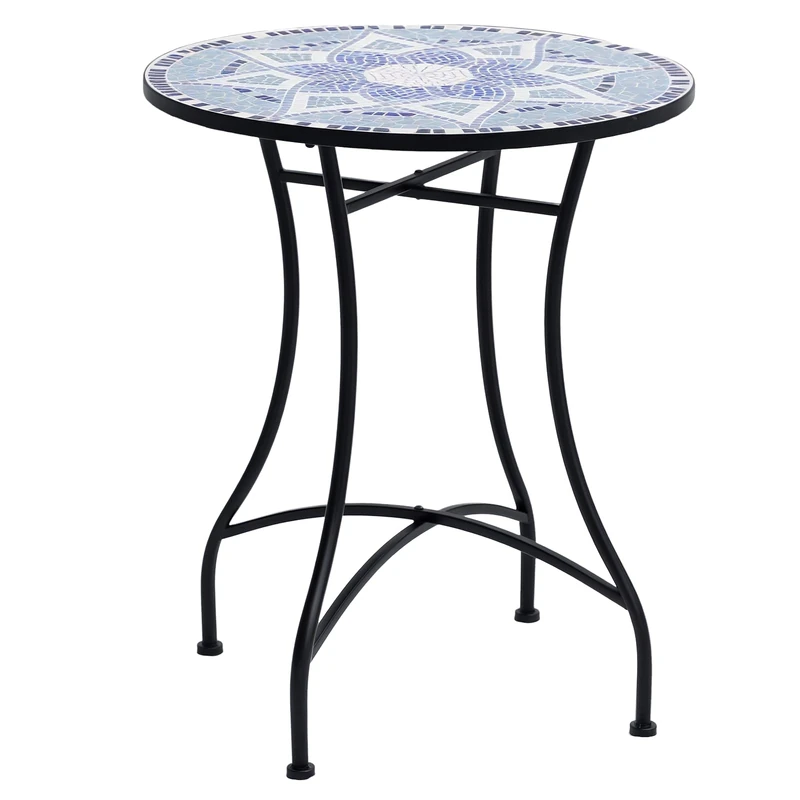 Outsunny 60 cm Mosaic Garden Table, Small Round Outdoor Side Table with Ceramic Top, Plant Stand for Patio, Balcony, Blue and White - Image 1