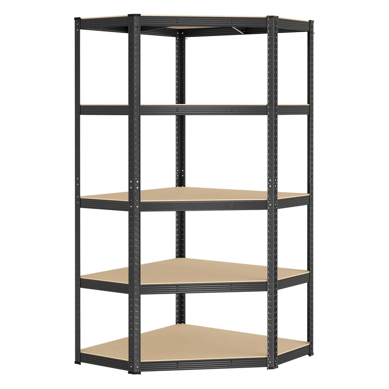 SONGMICS Corner Shelf 5-Tier, Garage Shelving, Heavy Duty Metal Shelving Units, for Garage, Storage Room, Warehouse, Loads 875 kg, Ink Black and Natural Beige GLR080B01