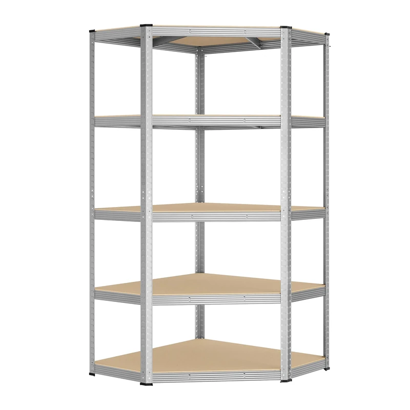 SONGMICS Corner Shelf 5-Tier, Garage Shelving, Heavy Duty Metal Shelving Unit, for Garage, Storage Room, Warehouse, Loads 875 kg, Silver and Natural Beige GLR080E01