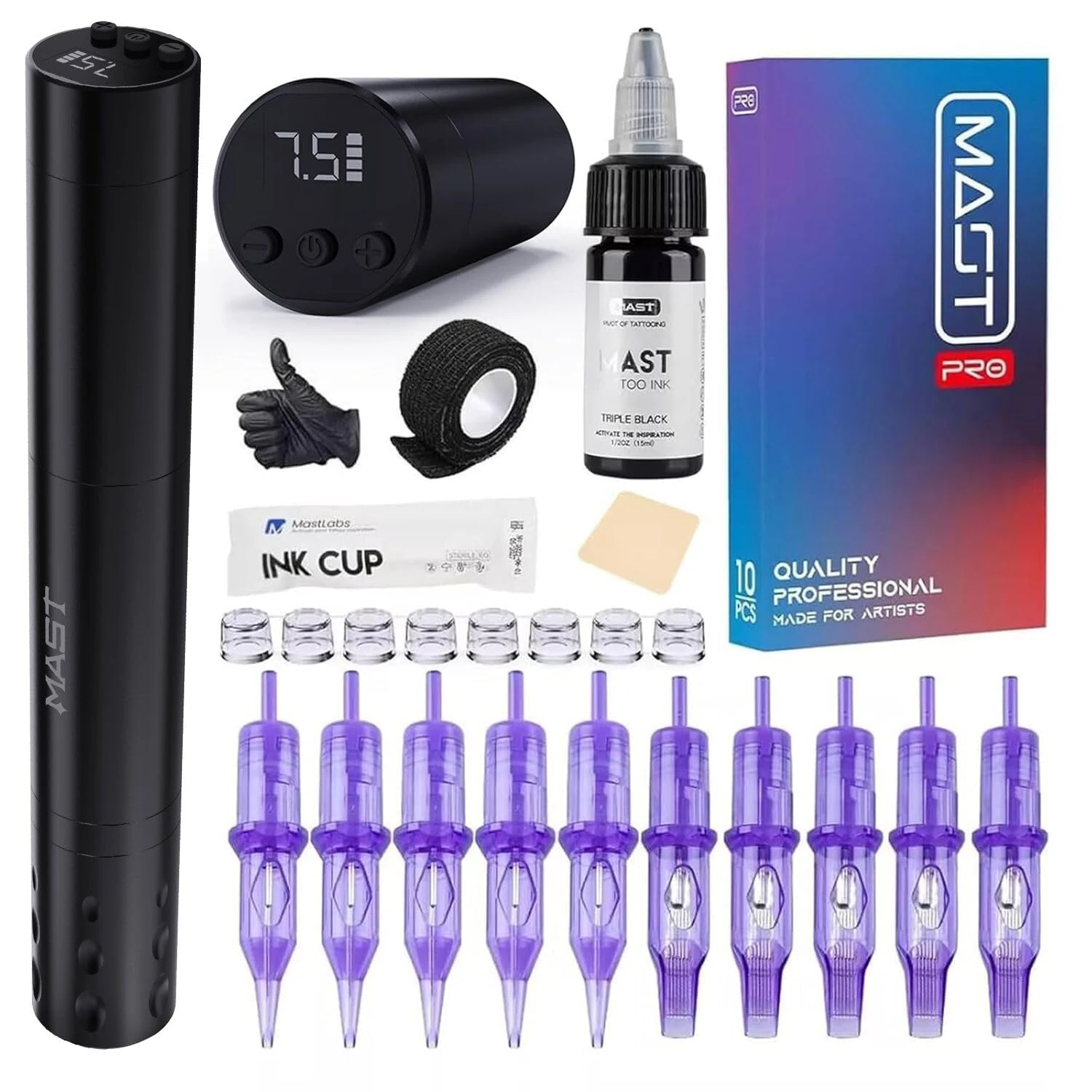 Mast Wireless Tattoo Kit, Tour Fly Slim Wireless Rotary Tattoo Pen Machine, Power Motor by Mcore-A, 10 Count Pro Tattoo Cartridges, Cordless 2 Batteries Replaceble for Eyebrow Eyeliner Lip (black)