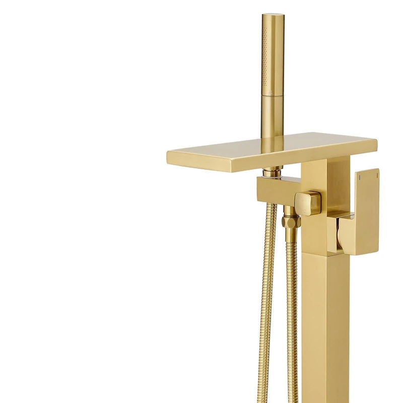 Hoimpro Freestanding Bathtub Faucet Waterfall Tub Filler Brushed Gold Floor Mount Brass Single Handle Bathroom Tub Faucets with 2 Function Hand Shower Wand