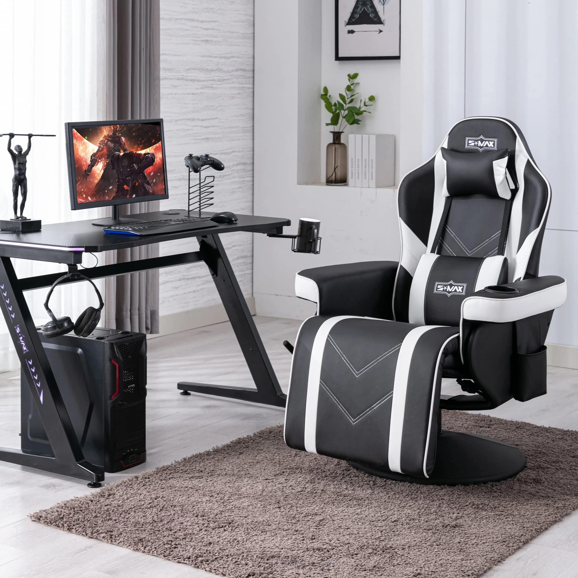 S*MAX Gaming Chair Recliner Ergonomic Higher Back and Wider Lumbar Support Swivel PU Leather Gamer Chair with Footrest Cup Holder Gaming Chairs for Adults Black White X Large