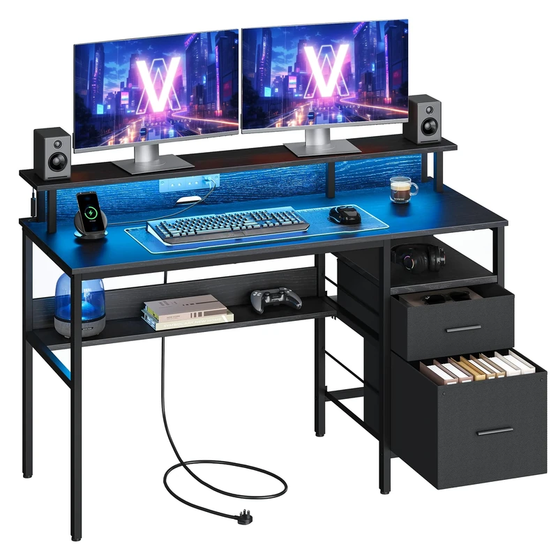 VASAGLE Computer Desk with Fabric Drawers, Study Desk with Monitor Stand, LED Lighting, 55 x 135 x 90 cm, Built-in Power Outlets, 2 USB-A Ports, for Home Office, Ebony Black LWD094B01