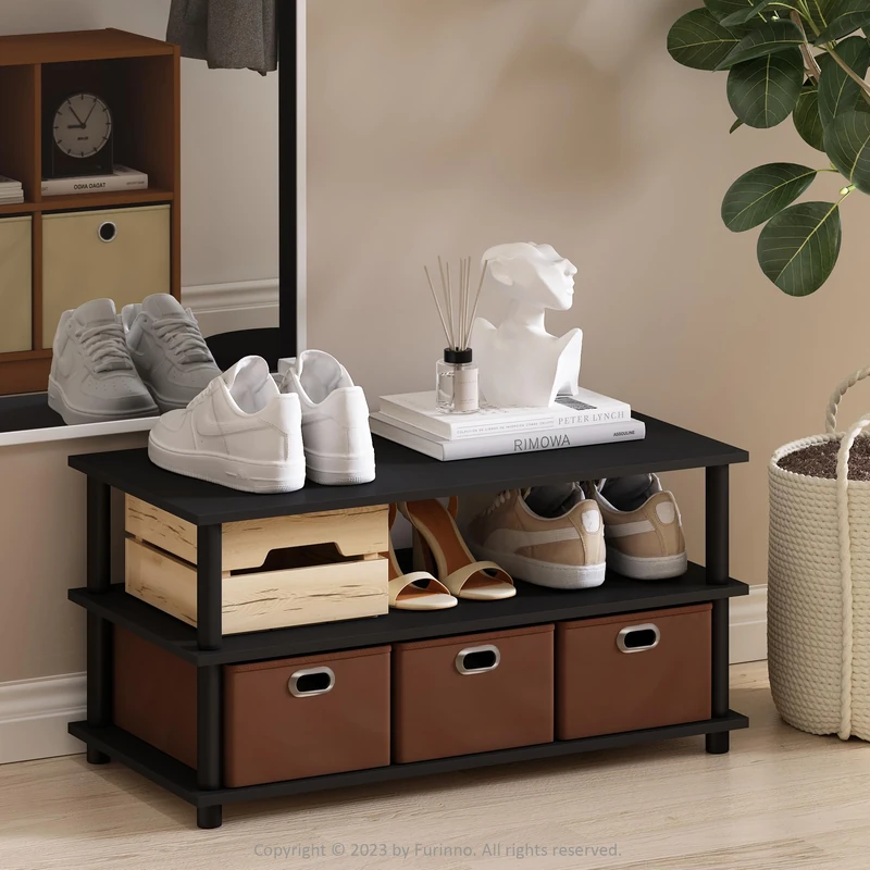 Furinno TURN-N-TUBE Shoe Rack, Compact Shoe Organizer, Multipurpose Shoe Storage with Bin Drawers and Open Shelves, 39.37 x 79.25 x 39.12 cm, for Closet Entryway, Office, Garage, Black Oak/Black/Brown