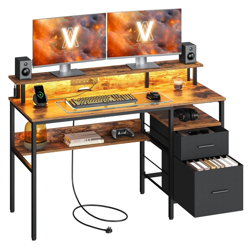 VASAGLE Computer Desk with Fabric Drawers, Study Desk with Monitor Stand, LED Lighting, 55 x 135 x 90 cm, Built-in Power Outlets, 2 USB-A Ports, for Home Office, Rustic Brown LWD094K01