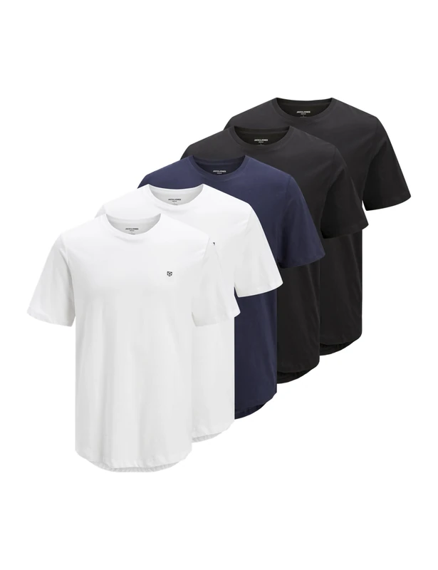 JACK & JONES Men’s Cotton T-Shirt – 5-Pack (2 White, 2 Black, 1 Navy) – Regular Fit Crew Neck Short Sleeve – Embroidery & Curved Hem – Soft & Breathable Fabric – Everyday Casual Wear (Size - S)