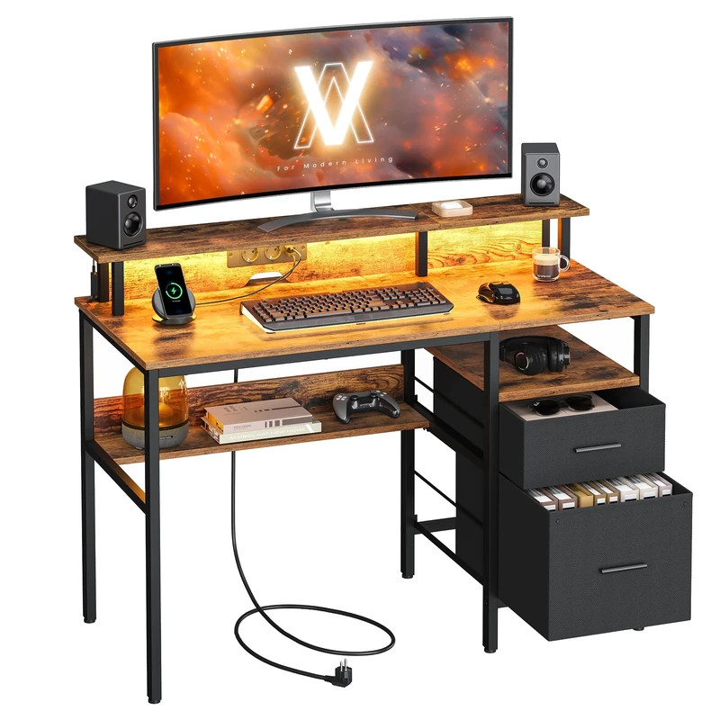 VASAGLE Computer Desk with Fabric Drawers, Study Desk with Monitor Stand, LED Lighting, 55 x 120 x 90 cm, Built-in Power Outlets, 2 USB-A Ports, for Home Office, Rustic Brown LWD093K02