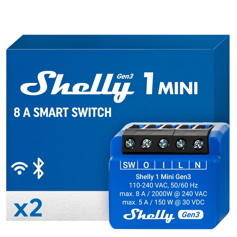 Shelly 1 Mini Gen3, WiFi Smart Switch Relay, 1 Channel, 8A, Home Automation, Dry Contacts, Garage Door Remote Control, Compact Size, Alexa & Google Home, No Hub Required (2 Pack)
