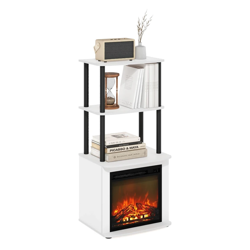 Furinno Turn-N-Tube 2 Tier Side Table Display Stand with Fireplace Insert, Plain White/Black