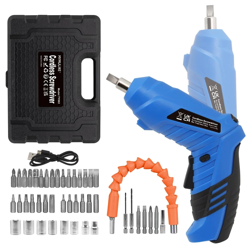 MYMULIKE Cordless Screwdriver, 49 Piece Rechargeable Electric Screwdriver with LED Light, 3.6V Rechargeable Screw Gun, 3 N.m Drill Drivers Ideal for Furniture Assembly, Home DIY Projects (Blue)