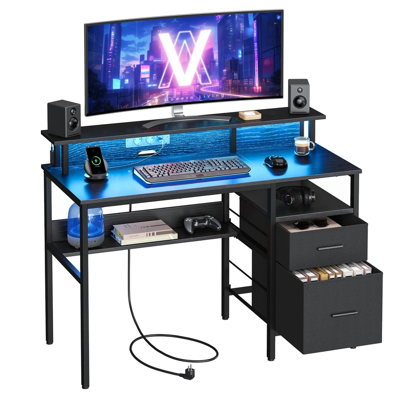 VASAGLE Computer Desk with Fabric Drawers, Study Desk with Monitor Stand, LED Lighting, 55 x 120 x 90 cm, Built-in Power Outlets, 2 USB-A Ports, for Home Office, Ebony Black LWD093B02