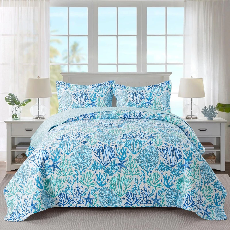Travan Coastal Quilt Summer & All Season Lightweight Beach Quilt Bedding Set, Blue Coral Queen