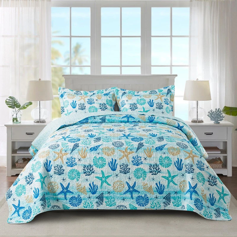 Travan Beach Quilt King Size Bedding, Ultra Soft & Fade Resistant Coastal Quilt with 1 Quilt Set and 2 Shams, Starfish Conch Pattern Quilt for All Season, Colorful Starfish, King