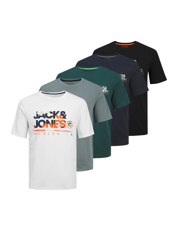 JACK & JONES Men's JJLUKA 5 Pack Crew Neck T-Shirts, Regular Fit Cotton Short Sleeve Casual Tees, Goblin Blue, 12267878, UK Size - L