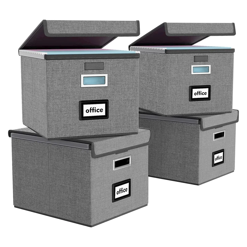 Finew Upgraded Portable File Organiser Box with Lid, Foldable Linen Hanging Filing Storage Boxes with Plastic Slide, Decorative Home/Office Filing System for File and Folders Storage 4 Pack(Dark Grey)
