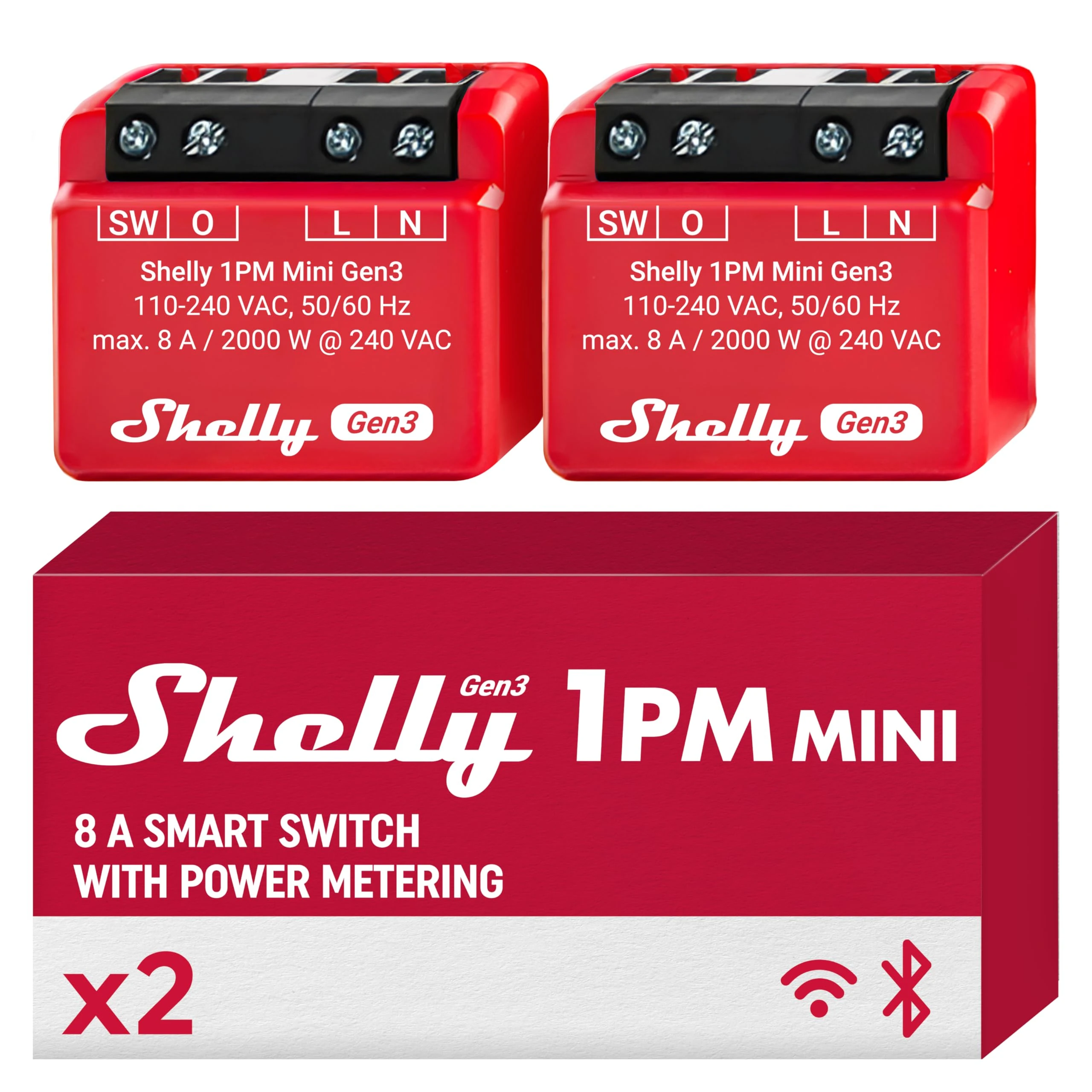 Shelly 1PM Mini Gen3, WiFi Smart Switch Relay, 1 Channel, 8A, Power Metering, Home Automation, Lights Remote Control, Alexa and Google Home, iOS Android App, No Hub Required (2 Pack)