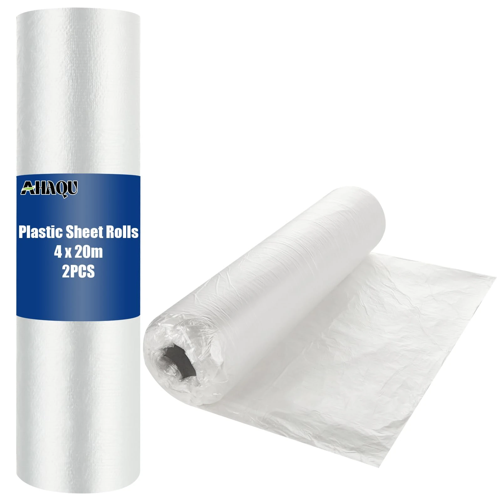 AHAQU 2 Roller Plastic Dust Sheets for Decorating, 4 x 20m/13 x 65ft Large Plastic Sheet Rolls, Waterproof Polythene Sheeting Roll for Painting Covering, Furniture & Floor Protection