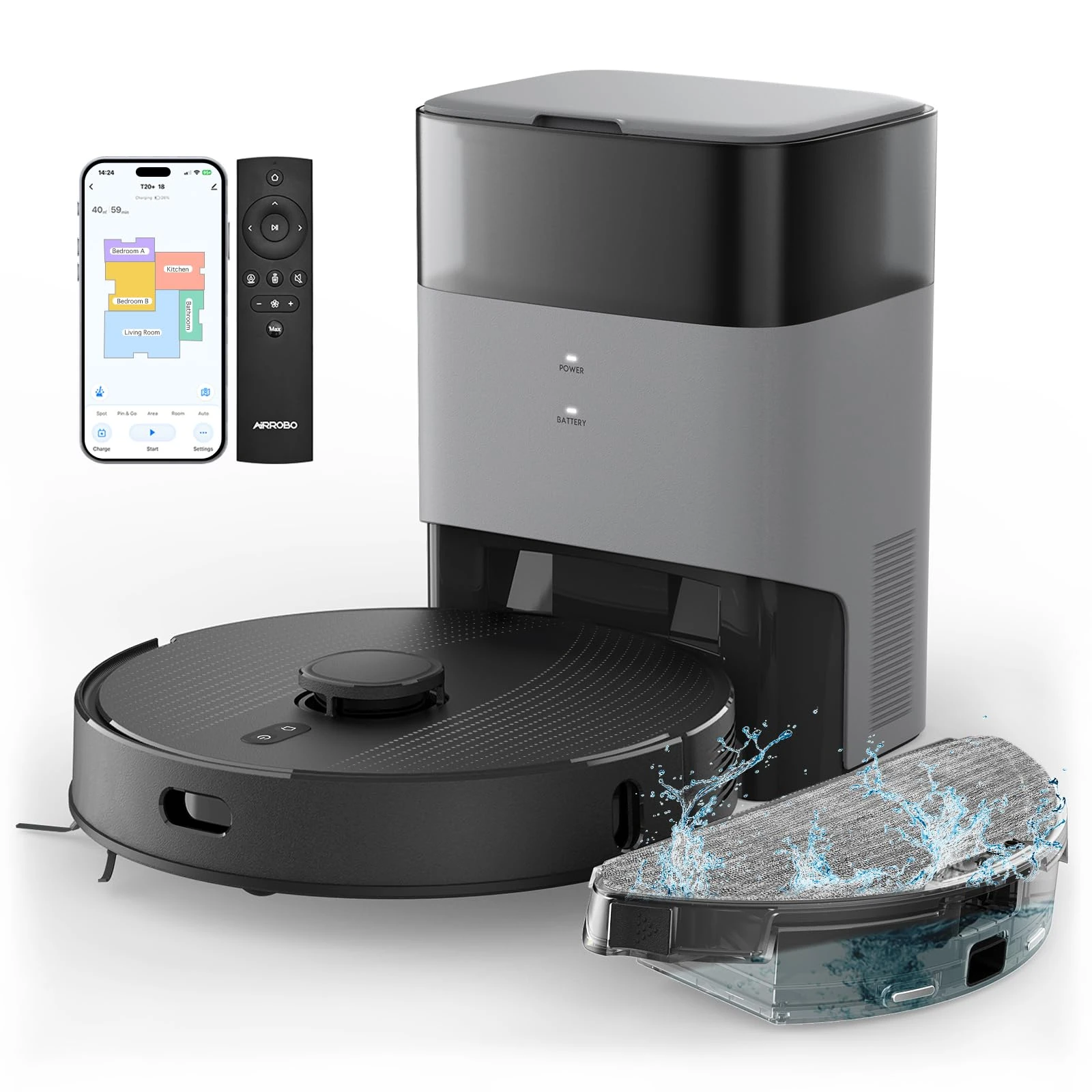 AIRROBO Robot Vacuum and Mop Self-Emptying, 60-Day Capacity, Home Mapping, Schedule, Wi-Fi/App/Alexa/Remote, 180mins Runtime, T20+ Robotic Vacuum Cleaner for Pet, Hard Floors & Carpet