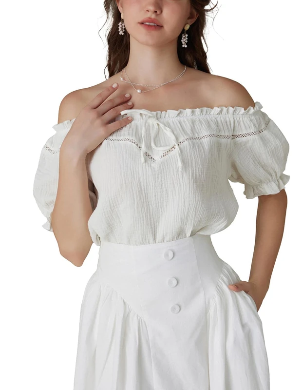 SCARLET DARKNESS Women's Renaissance Shirt Off Shoulder Puff Sleeve Loose Fit Summer Tops, Ivory, M