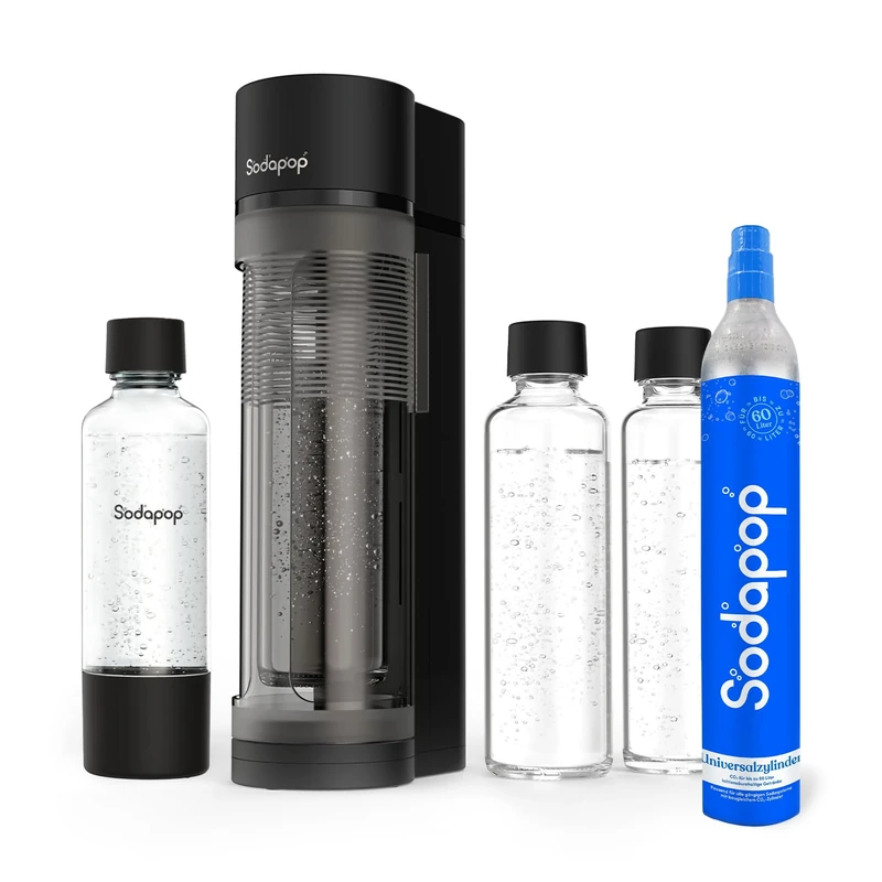 Sodapop Logan Water Carbonator Starter Set with CO₂ Cylinder, Includes 2 Glass Bottles (850 & 600 ml) and 1 PET Bottle (850 ml), Matt Black, Height 42.6 cm