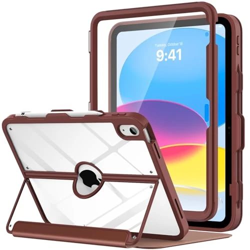 MoKo for iPad 11-inch (A16) 11th Generation Case 2025/ iPad 10th Generation Case with Pencil Holder 2022 10.9 inch, Built-in Screen Protector Clear Back, Multi Angle Viewing Stand,Brown