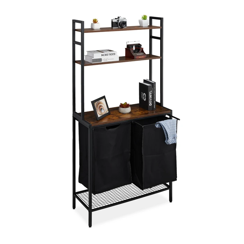 Relaxdays Laundry Laundry Basket Rack, 2 Pull-out Compartments, HWD: 162 x 80 x 34 cm, Collector, Bathroom Shelves, Black/Brown