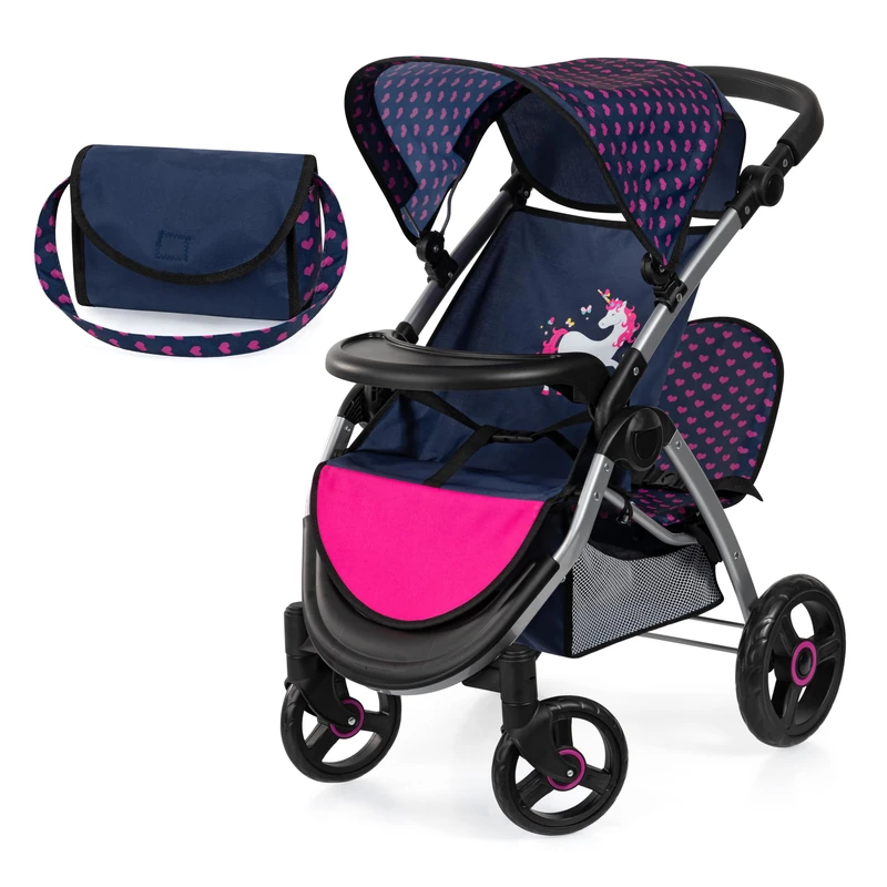 Bayer Design 39454AA Twin dolls pram, double doll stroller, adjustable handle, foldable, bag