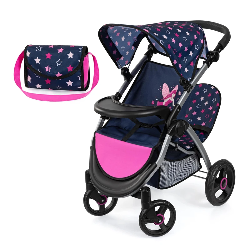 Bayer Design 39416AA Twin dolls pram, double doll stroller, adjustable handle, foldable, bag