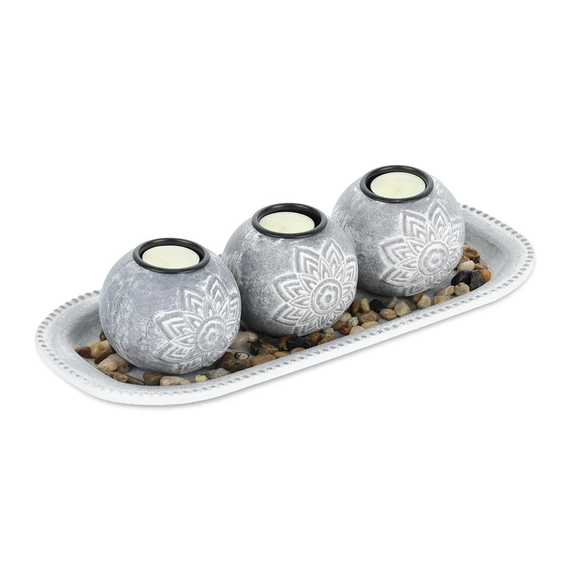 Relaxdays Tea Light Holder, Set with Tray & Stones, 35 cm Long, for Living & Dining Room, Candle Holder, Grey/White - Image 1