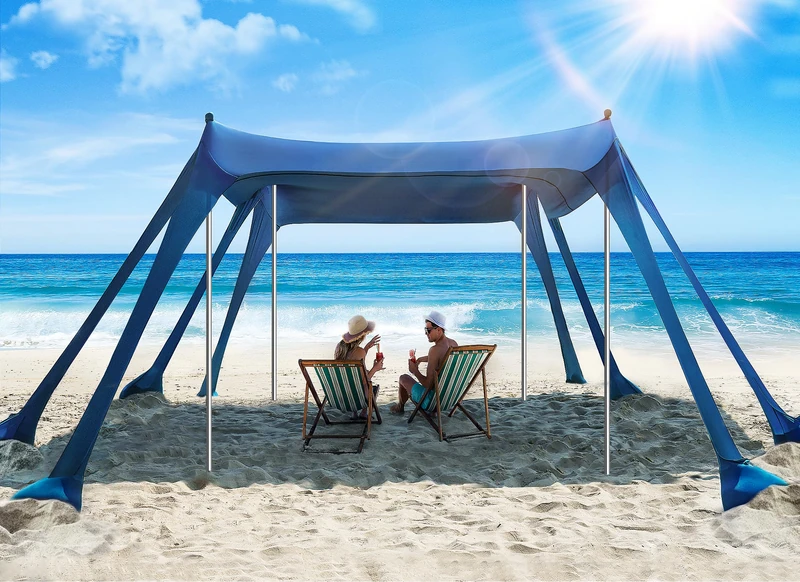 Vibemo Beach Tent, UPF50+ Protection Sun Shelter with 8 Sandbags, 10 x 10ft, Includes Sand Shovel, Ground Pegs & Stability Poles, Outdoor Beach Canopy Pop Up Sunshade for Camping, Fishing, or Picnics