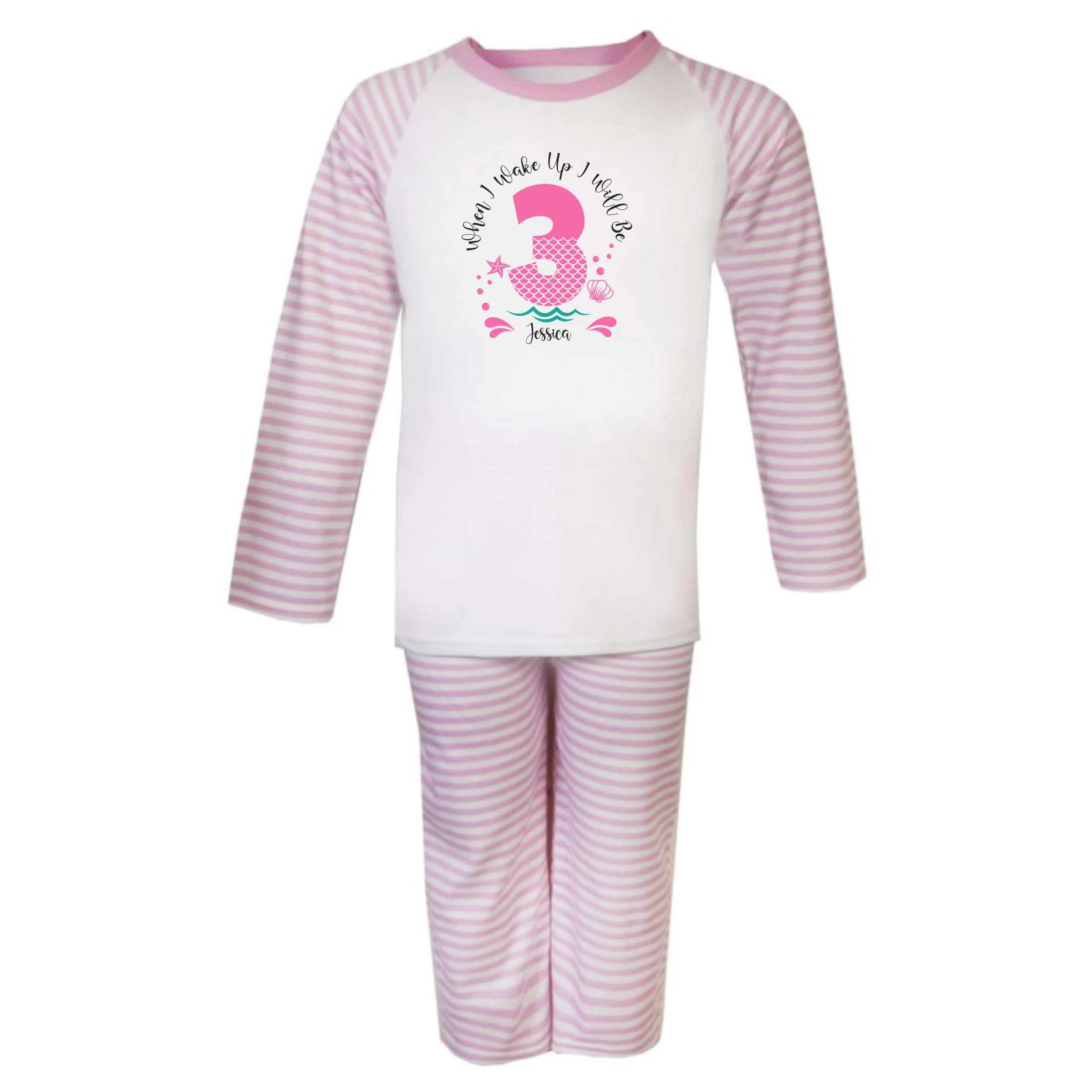 Girl's Personalised Mermaid Birthday Pyjamas, When I Wake Up, I'll Be 1-9, Customizable Kids' PJs (3-4 Year, Pink)