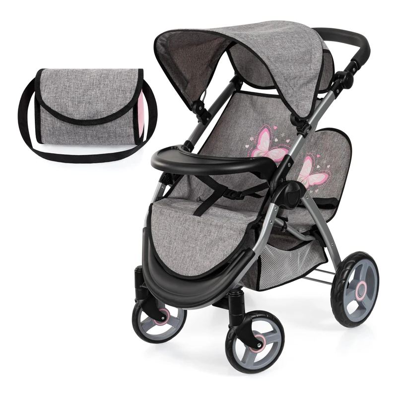 Bayer Twin Dolls Pram - Foldable Dolls Double Buggy for 46 cm Doll, Twin Stroller with Adjustable Handle Height for Girls - Double Pushchair, Basket & Changing Bag - Baby Doll Pram for 3 + Years Old