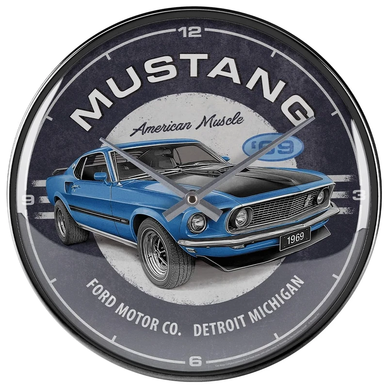 Nostalgic-Art Retro wall clock, Ø 31 cm, Ford Mustang – 1969 Mach 1 Blue – Gift idea for Ford fans, large kitchenclock, vintage design
