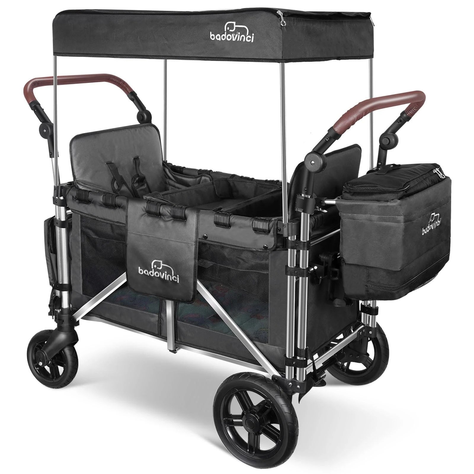 Badovinci Stroller Wagon for 2 Kids, Wagon Cart Featuring 2 High Seat with 5-Point Harnesses and Adjustable Canopy, Foldable Push-Pull Rod Wagon Stroller for Garden, Stroller, Camping, Grocery Cart