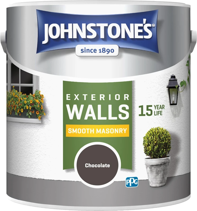 Johnstone's Exterior Smooth Masonry Paint - Chocolate | Brick, Concrete, Patio & Outdoor Walls |15 Years Protection, Weather & Dirt Resistant | 30m² Coverage Per Tin, Dry in 1-2 Hours | 2.5 L - Image 1