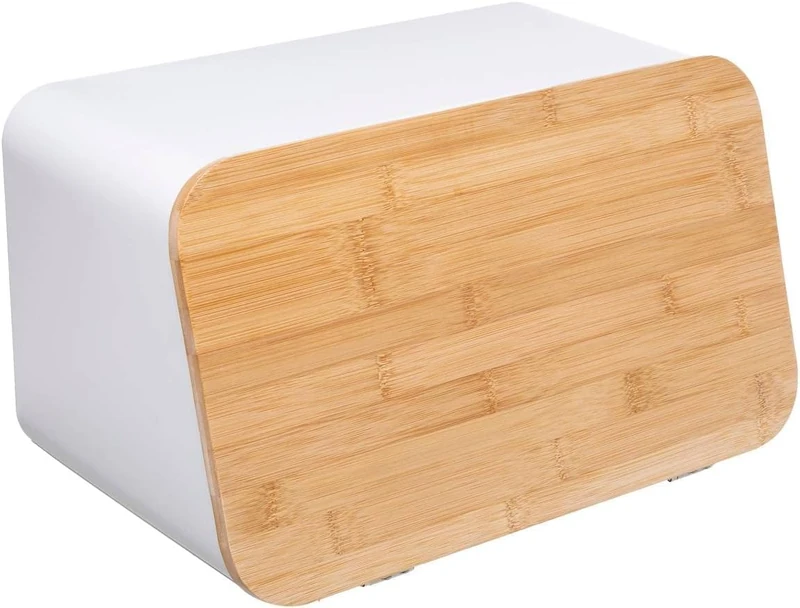 Avilia Bread Box with Cutting Board - Bread Box with Chopping Board, Metal and Bamboo, 36.5 x 18.2 x 21.8 cm, White and Brown - Image 1