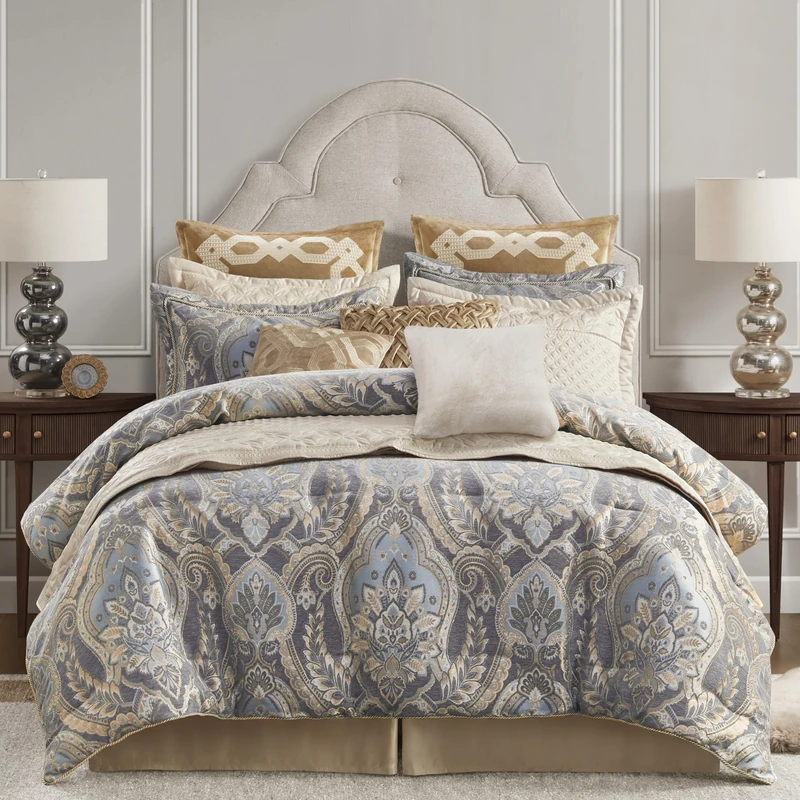 CROSCILL Julius Luxe Chenille Jacquard Damask Comforter Set, California King, Blue/Grey 4 Piece