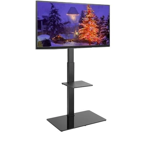 121AV Universal Floor TV Stand for 37-70 inch LED OLED LCD Plasma Flat Curved Screens, Height Adjustable Tall Swivel TV Stand with Tempered Glass Shelves up to 40KG, Max VESA 600x400mm - Black