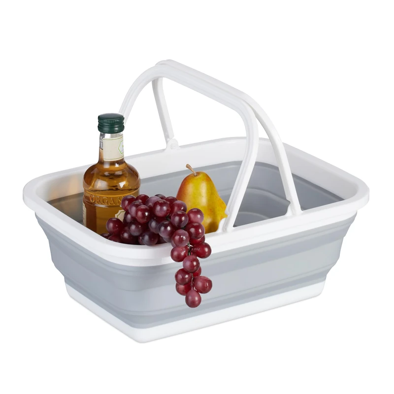 Relaxdays Foldable Basket, Shopping, Carry Bag, Picnic, Portable, HxWxD: 15.5 x 38.5 x 28.5 cm, Washing Up, White/Grey